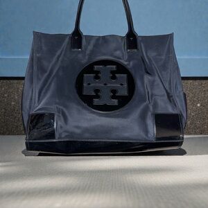 Tory Burch Large Black Nylon/Black Patent Tote Bag